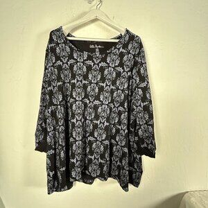 Ulla Popken Womens Floral Tunic Top Size 32/34 Black Purple Cotton Long Sleeve